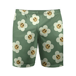 Мужские спортивные шорты Цветочки-смайлики: темно-зеленый паттерн
