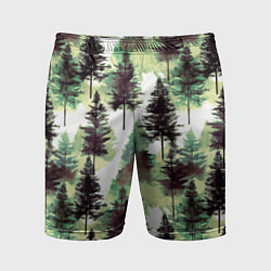 Мужские спортивные шорты Хвойный лес - акварель в зеленых тонах