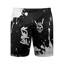 Шорты спортивные мужские Slayer и рок символ на темном фоне, цвет: 3D-принт