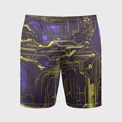 Шорты спортивные мужские Кибер схемы Жёлтый и фиолетовый, цвет: 3D-принт