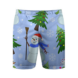 Мужские спортивные шорты Снеговики с новогодними елками паттерн