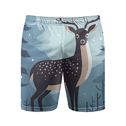 Мужские спортивные шорты Зимняя сказка олень в лесу