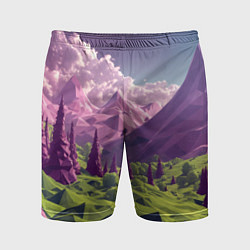 Шорты спортивные мужские Геометрический зеленый пейзаж и фиолетовые горы, цвет: 3D-принт