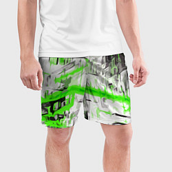 Шорты спортивные мужские Бело-зелёная абстракция на чёрном фоне, цвет: 3D-принт — фото 2