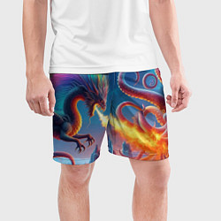 Шорты спортивные мужские Огнедышащий дракон против осьминога - нейроарт фан, цвет: 3D-принт — фото 2