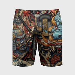 Шорты спортивные мужские Дракон и самурай в стиле татуировки ирезуми, цвет: 3D-принт
