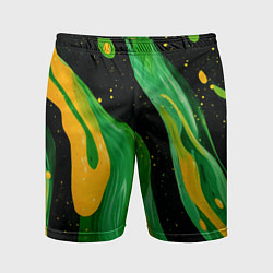Шорты спортивные мужские Зелено-желтая краска на черном, цвет: 3D-принт