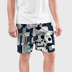Шорты спортивные мужские Чёрно-белый с синий абстракция фигуры точки, цвет: 3D-принт — фото 2