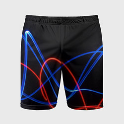 Шорты спортивные мужские Красно синие неоновые линии на черном фоне, цвет: 3D-принт