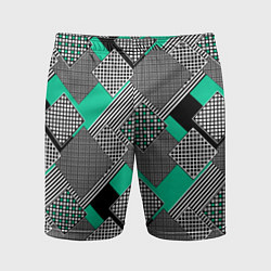 Шорты спортивные мужские Черно бирюзовая абстрактная геометрия пэчворк, цвет: 3D-принт