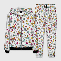 Костюм мужской Птицы и цветы Разноцветный узор в дудл стиле, цвет: 3D-черный