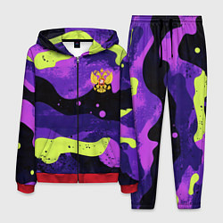 Костюм мужской Черно-фиолетовый камуфляж и золотой герб РФ, цвет: 3D-красный