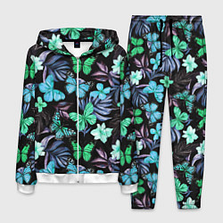 Костюм мужской Бабочки и тропические цветы на черном фоне, цвет: 3D-белый