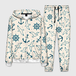 Костюм мужской Морской паттерн из штурвалов, чаек и якорей, цвет: 3D-белый