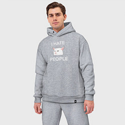 Мужской костюм оверсайз I hate people, текст с белым мемным котом, цвет: меланж — фото 2