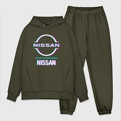 Мужской костюм оверсайз Значок Nissan в стиле glitch, цвет: хаки