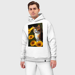 Мужской костюм оверсайз Red cat in flowers, цвет: белый — фото 2