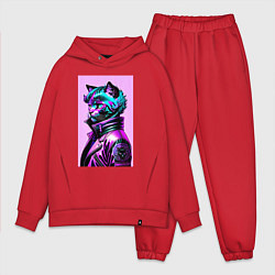 Мужской костюм оверсайз Прикольный фиолетовый котейка - нейросеть, цвет: красный