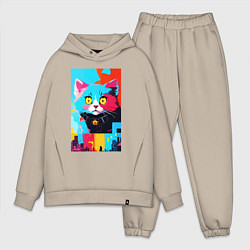 Мужской костюм оверсайз Изумлённый котёнок - поп-арт - нейросеть, цвет: миндальный