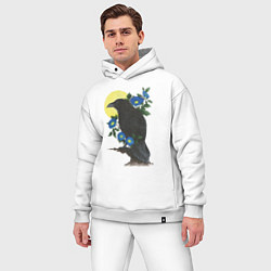 Мужской костюм оверсайз Чёрный ворон на ветке под луной среди синих цветов, цвет: белый — фото 2