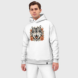 Мужской костюм оверсайз Голова волка в цветах, цвет: белый — фото 2