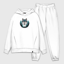 Мужской костюм оверсайз Голова волка над лесом и силуэт оленя, цвет: белый