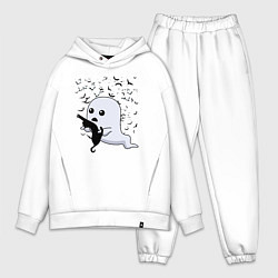 Мужской костюм оверсайз Призрак с котиком среди летучих мышей, цвет: белый