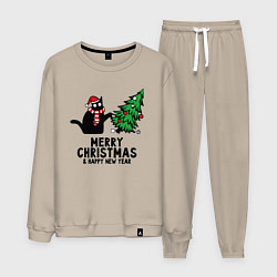 Костюм хлопковый мужской Кот роняет новогоднюю ёлку, цвет: миндальный