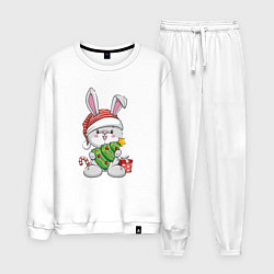 Костюм хлопковый мужской Новогодний кролик с елочкой, цвет: белый