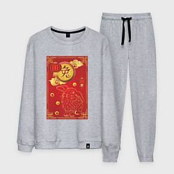 Костюм хлопковый мужской Китайский иероглиф и золотой кролик на красном, цвет: меланж