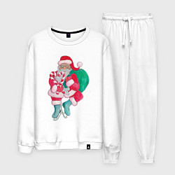 Костюм хлопковый мужской Санта Клаус с мешком подарков на коньках, цвет: белый
