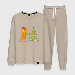 Костюм хлопковый мужской Кот наряжает новогоднюю ёлку, цвет: миндальный