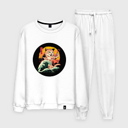 Костюм хлопковый мужской Большой японский кот с суши, цвет: белый