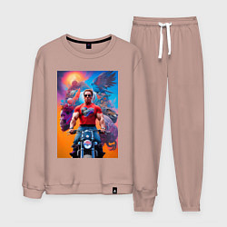 Костюм хлопковый мужской Арнольд Шварценеггер на мотоцикле - нейросеть, цвет: пыльно-розовый