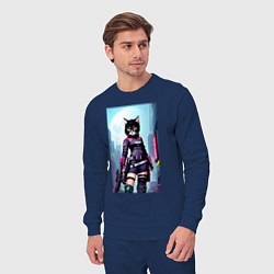 Костюм хлопковый мужской Крутая чёрная кошечка - киберпанк, цвет: тёмно-синий — фото 2