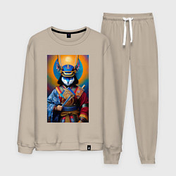 Костюм хлопковый мужской Кот-самурай - нейросеть, цвет: миндальный
