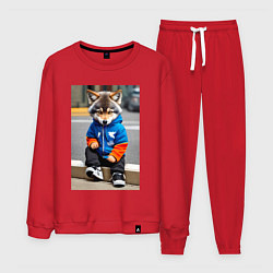 Костюм хлопковый мужской Уличный волчонок-хулиган - нейросеть, цвет: красный