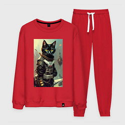 Костюм хлопковый мужской Крутой котёнок - киберпанк - нейросеть, цвет: красный