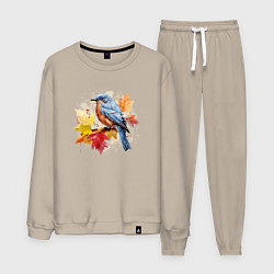 Костюм хлопковый мужской Птичка и осенние листья, цвет: миндальный