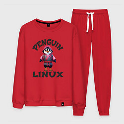 Костюм хлопковый мужской Система линукс пингвин в кимоно, цвет: красный