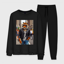 Костюм хлопковый мужской Cool tiger on the streets of New York - ai art, цвет: черный