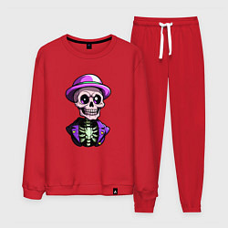Костюм хлопковый мужской Скелет в фиолетовой шляпе, цвет: красный