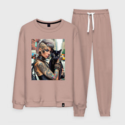 Костюм хлопковый мужской Девчонка панк в татухах с чёрным котом - нейросеть, цвет: пыльно-розовый