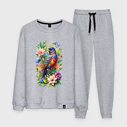 Костюм хлопковый мужской Расписной овсянковый кардинал среди цветов, цвет: меланж
