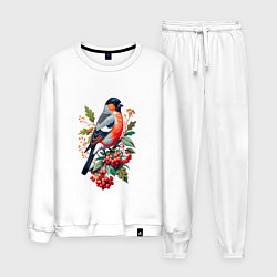 Костюм хлопковый мужской Снегирь не ветке красной рябины, цвет: белый