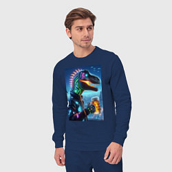 Костюм хлопковый мужской Крутой неоновый пивозавр в мегаполисе - киберпанк, цвет: тёмно-синий — фото 2