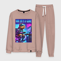 Костюм хлопковый мужской Капибара заядлый геймер - неоновое свечение, цвет: пыльно-розовый