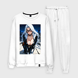 Костюм хлопковый мужской Черная кошка на крыше небоскреба, цвет: белый