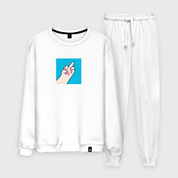 Костюм хлопковый мужской Кошачья лапка показывает знак fuck, цвет: белый