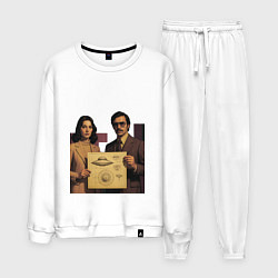 Костюм хлопковый мужской Мужчина и девушка с чертежом НЛО ретрофутуризм поп, цвет: белый